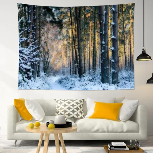 Miniatura 4 de LB Tapiz de Bosque de Nieve de Invierno, Pino Negro y Verde con Copo de Nieve Blanco Tapiz de Pared para Dormitorio, Arte de Pared de Paisaje