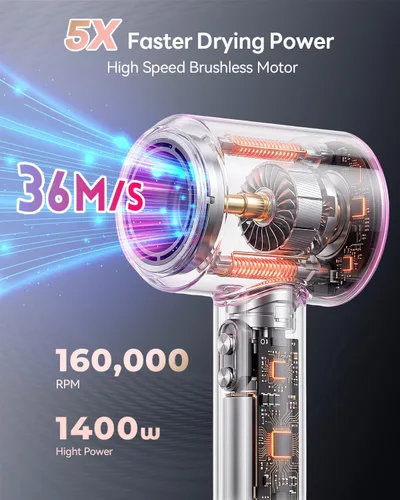 Miniatura 2 de Secador de pelo, 160000RPM con negativo iónico de 1,640.4 ft, secador de pelo con difusor, secador de pelo de secado rápido para mujeres y hombres