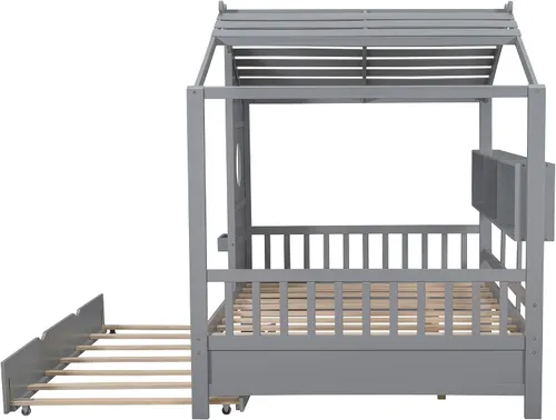 Miniatura 6 de SOFTSEA Cama de plataforma de tamaño matrimonial con nido y estantes de almacenamiento, marco de cama de madera con listones de soporte, cama