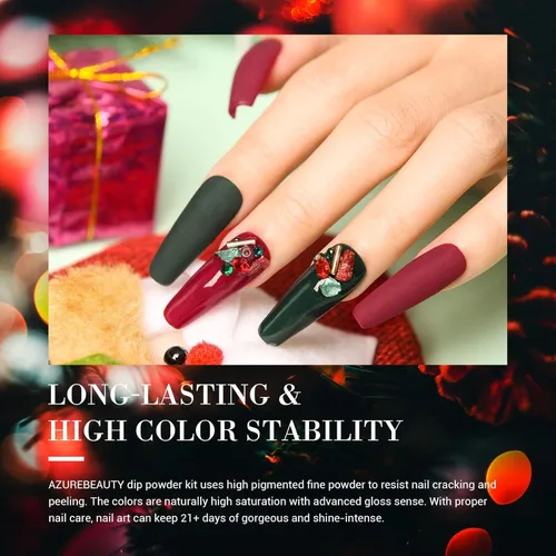 Miniatura 5 de AZUREBEAUTY Juego de uñas en polvo de inmersión, 6 colores con purpurina, rojo, verde, plateado, dorado, kit de iniciación de polvo de inmersión