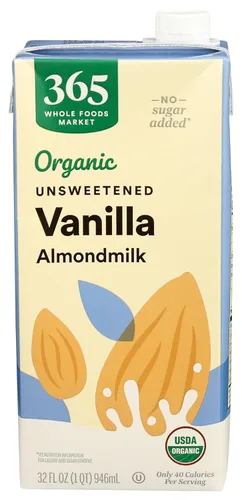 365 de Whole Foods Market - Leche de almendra orgánica sin endulzar de vainilla, envase de 32 onzas líquidas