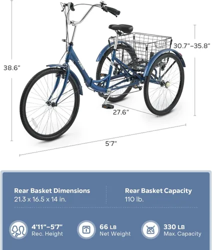 Miniatura 7 de VIRIBUS Triciclo plegable para adultos, triciclo plegable de 7 velocidades para adultos con cesta con ruedas extraíble, bicicletas plegables de 3