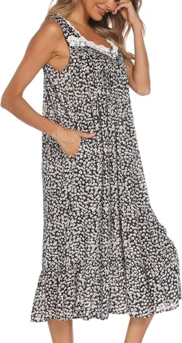 Miniatura 3 de AVIIER Camisones de algodón para mujer, sin mangas, vestido de casa largo con bolsillos, S-XXL