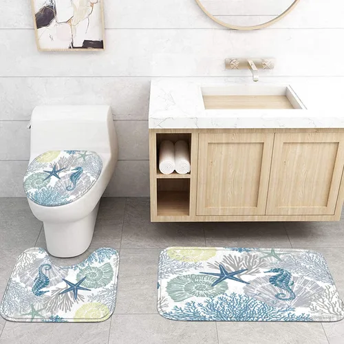 Miniatura 8 de Nkzply 4 piezas de cortina de ducha de playa azul, juegos de baño con cortina de ducha y alfombras, juego de cortina de ducha de océano, decoración