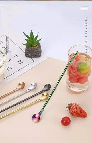 Miniatura 5 de 7 popotes de metal para beber con 2 cepillos de limpieza de 8.5 pulgadas, cuchara de barra reutilizable para café helado, bebida congelada, batidos