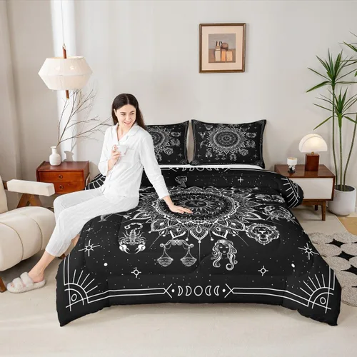 Miniatura 22 de Juego de edredón de champiñones para niños, tamaño individual, juego de ropa de cama romántica con sol, luna, cielo estrellado y galaxia, decoración