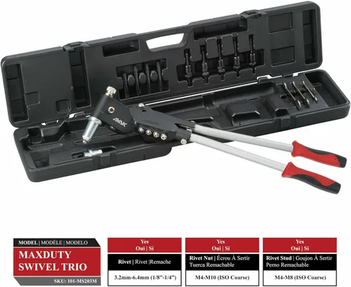 Miniatura 2 de AVAK MaxDuty - Trío giratorio 3 en 1, 360°, herramienta de fijación de cabeza giratoria de alta resistencia para remaches de 0.252 in, tuerca