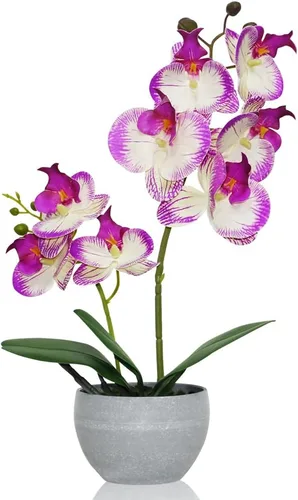 Flores artificiales de orquídea morada, 2 tallos en maceta gris, flor de orquídea sintética en maceta para el hogar, mesa de baño, sala de estar,
