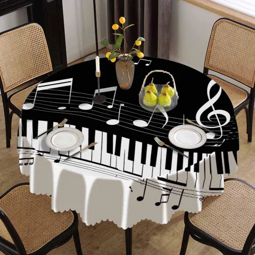 Miniatura 2 de IBILIU Mantel redondo de música, teclas de piano, notas musicales, color blanco y negro, resistente al agua, de poliéster, mantel decorativo