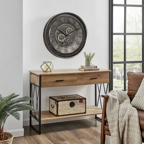Miniatura 7 de CLXEAST Reloj de pared grande de 24 pulgadas con engranaje móvil para decoración de sala de estar, relojes de pared con números romanos de metal