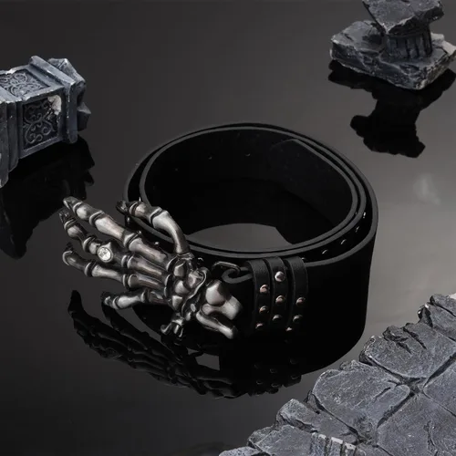Miniatura 4 de Eigso Pulsera de cuero punk con calavera para mujer + cinturón de cuero de calavera para mujer