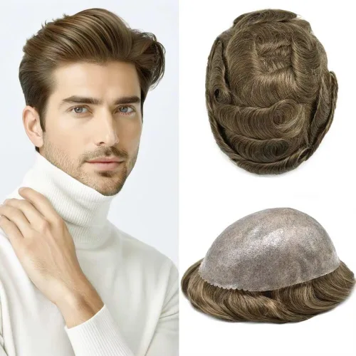 Miniatura 95 de Peluca completa de poliuretano para hombre, sistemas de reemplazo de cabello humano, piel fina y duradera, para hombre, prótesis de cabello
