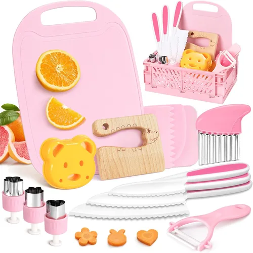 Suhctuptx Juego de cuchillos para niños pequeños, juego de cuchillos para cocina real, cuchillos seguros para niños con tabla de cortar, cortadores