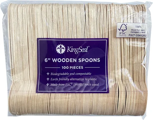 Miniatura 3 de KingSeal Cucharas desechables de madera de abedul, biodegradables y respetuosas con el medio ambiente, 6.25 pulgadas de longitud – 1 paquete de 100