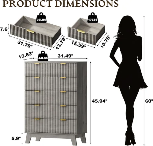 Miniatura 2 de BORNOON Cómoda alta de 46" para dormitorio, cómoda de 6 cajones acanalados, cómoda moderna de madera con almacenamiento profundo, correderas
