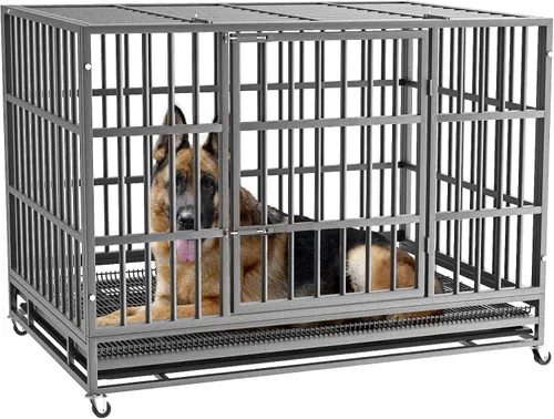 LEMBERI - Jaula para perro indestructible y resistente de 48/38 pulgadas, a prueba de escapes con ruedas bloqueables, doble puerta para evitar