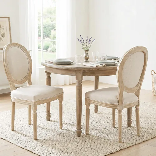 chairus Juego de 2 Sillas de Comedor Estilo Granja Sillas de Comedor de Casa de Campo Francés Sillas Tapizadas de Tela Vintage con Respaldo Redondo