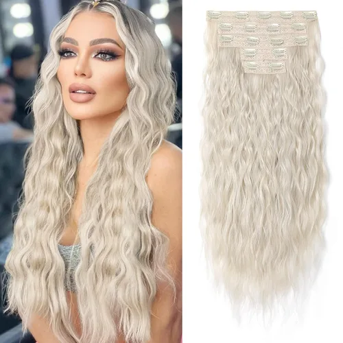 Miniatura 10 de REECHO Extensiones de cabello con clip, 5 piezas, de 24 pulgadas, de color rubio ceniza, extensiones de cabello con ondas largas y sueltas, HE002