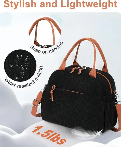 Miniatura 6 de Bluboon Bolsa de almuerzo para mujer, bonita bolsa de almuerzo de pana con correa para el hombro, reutilizable, aislada, gran capacidad