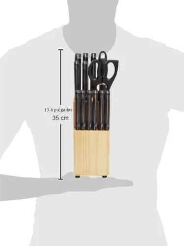 Miniatura 6 de Amazon BasicsJuego de cuchillos de cocina de 14 piezas, cuchillas de acero inoxidable de alto carbono con bloqueo de madera de pino, negro