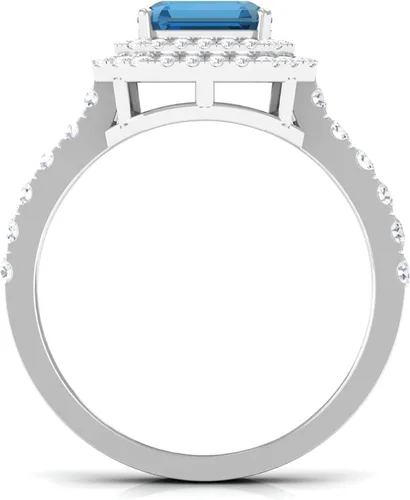 Miniatura 7 de Anillo de compromiso natural de corte Asscher con topacio azul Londres con moissanita, calidad AAA, anillo de compromiso de doble halo certificado