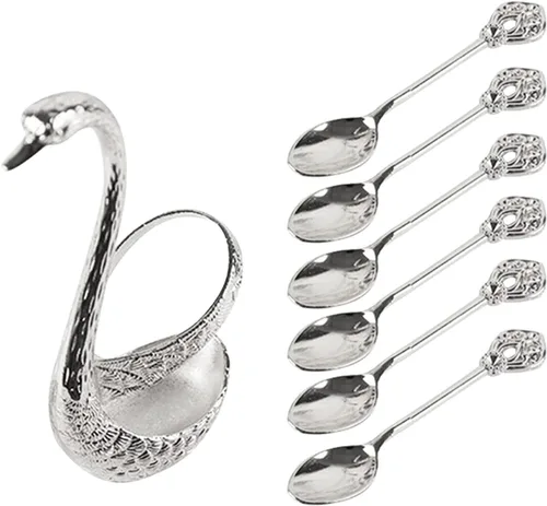 Miniatura 3 de Juego de cuchara de café con soporte, soporte para cuchara y tenedor de cisne, elegante y encantador kit de servicio decorativo para cucharas