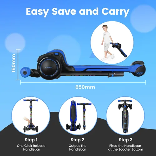 Miniatura 8 de TONBUX Patinete para niños de 3 a 12 años, patinete para niños pequeños con 4 alturas ajustables, patinete de 3 ruedas con luces, diseño de Azul