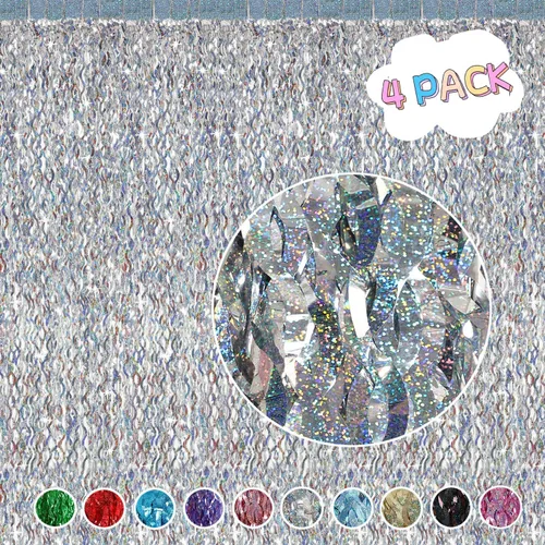 Miniatura 2 de Paquete de 4 fondos de oropel plateado - CYLMFC 3.3 pies x 6.6 pies cortinas de flecos de papel de aluminio metálico de oropel serpentinas