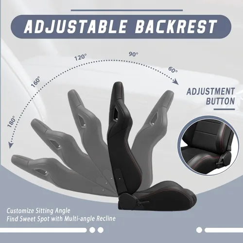 Miniatura 4 de 2 piezas de asientos universales de carreras con deslizadores de doble bloqueo, 1 par de asientos de cubo de cuero PVC con dos almohadas de Negro