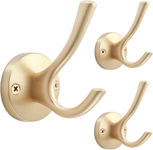 TOFIIGREM Ganchos dorados para pared, paquete de 3 ganchos para toallas, de metal resistente, doble gancho para bata de baño, ganchos para