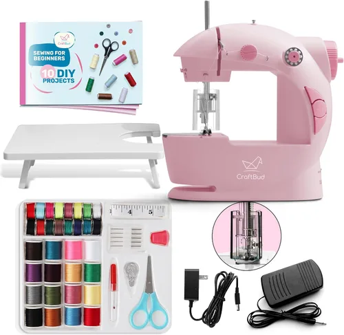 Miniatura 11 de CraftBud Mini máquina de coser para principiantes, máquina de coser portátil de doble velocidad para niños y adultos con mesa de extensión, juego