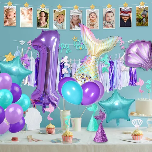 Miniatura 3 de Decoraciones de cumpleaños de sirena, kit de globos de cola de sirena, decoración de fiesta para niñas de 1 año (Número 1)