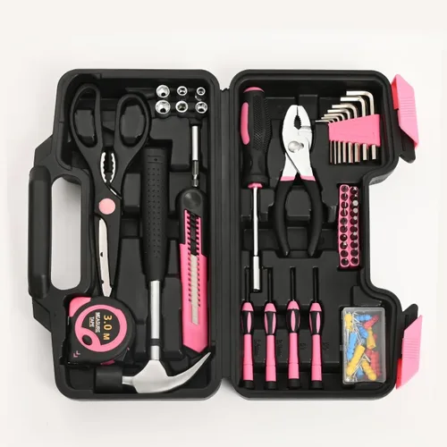 Miniatura 9 de Juego de herramientas para el hogar de 132 piezas, color rosa, kit de herramientas manuales para el hogar con caja de herramientas de plástico, Rosa