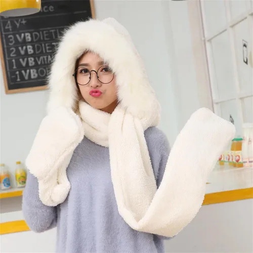 Miniatura 4 de Winter Warm Women Siamese Sudadera con Capucha Guantes con Bolsillo para las orejas, Bufanda Larga Chal