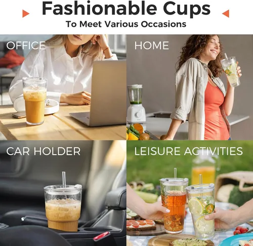 Miniatura 5 de Vasos de vidrio de 20 onzas con tapas y popotes: vaso de café helado con tapas, vasos gruesos reutilizables acanalados para llevar, vasos Matcha 2