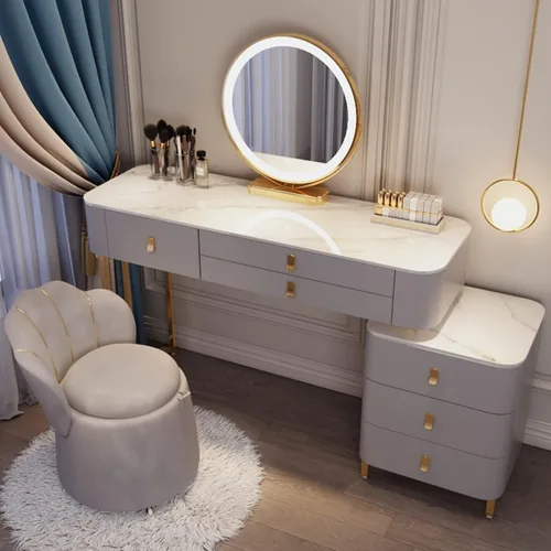 Miniatura 10 de Tocador, tocador de maquillaje con taburete acolchado, tocador con espejo iluminado LED y mesa auxiliar, mesa de maquillaje con 3 cajones