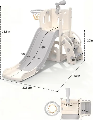 Miniatura 6 de Juego de Tobogán para Niños con Aro de Baloncesto y Telescopio, Tobogán Interior y Exterior para Niños Pequeños y Escalador para Niños y Niñas, Gris