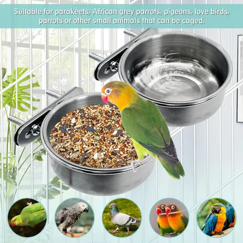 Miniatura 7 de PINVNBY 2 piezas cuencos de acero inoxidable para pájaros, cuencos para agua y alimentos con soporte de abrazadera, comedero de pájaros, tazones
