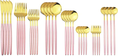 Miniatura 15 de JASHII Juego de cubiertos de 32 piezas con tenedor para tartas, mango largo, cubiertos de acero inoxidable para 4 juegos de vajilla de comer, aptos
