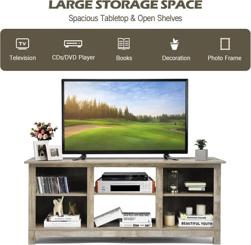 Miniatura 5 de Tangkula Soporte universal de madera de granja para TV de hasta 65 pulgadas, mesa consola de TV rústica con 6 estantes abiertos, centro