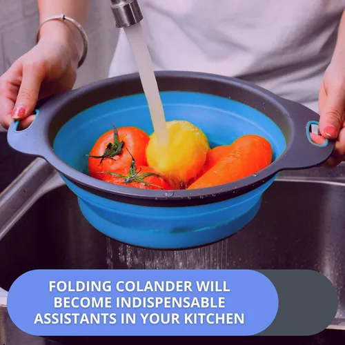 Miniatura 6 de Colador redondo de silicona azul plegable – Colador de cocina plegable pequeño colador plegable azul con asas de plástico para drenar verduras
