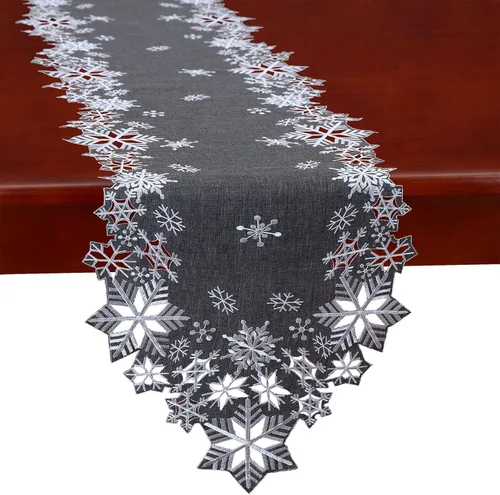Miniatura 6 de Caminos de mesa bordados de copos de nieve grises para Navidad e invierno (gris, 14 x 69 pulgadas)