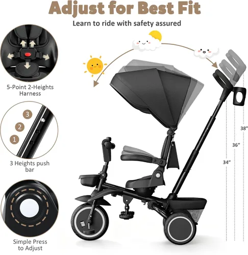 Miniatura 6 de TODEFULL - Triciclo plegable para niños, 8 en 1, triciclo para bebé con toldo extraíble y ajustable, mango para padres, arnés de seguridad de 5