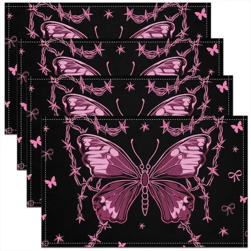 Miniatura 17 de Juego de 4 manteles individuales con diseño de mariposas y animales voladores de noche de ensueño de 12 x 18 pulgadas para mesa de cocina, tapetes