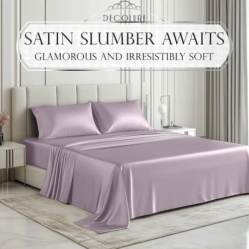 Miniatura 50 de DECOLURE Sábanas de satén – Juego de ropa de cama de lujo sedoso tamaño matrimonial de 6 piezas, más suave que la seda, sin arrugas con sábana