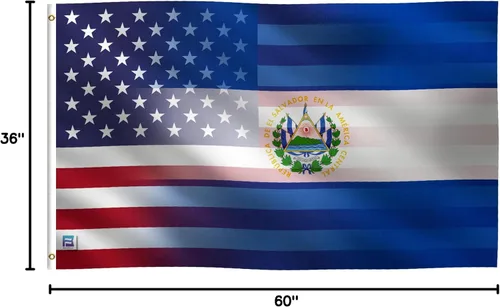 Miniatura 8 de Bandera híbrida salvadoreña estadounidense de 3 x 5 pies: pancarta 100% poliéster, ojales de latón y cabecera de lona fuerte, para uso en exteriores