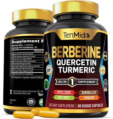 Suplemento de berberina para hombres y mujeres, fórmula 8 en 1 con quercetina, cúrcuma, vinagre de sidra de manzana, raíz de remolacha y más -