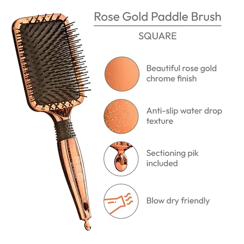 Miniatura 3 de Red by Kiss Cepillo de paleta cromado de oro rosa, cerdas resistentes al calor para desenredar y secar por soplado para hombres y mujeres (cuadrado)