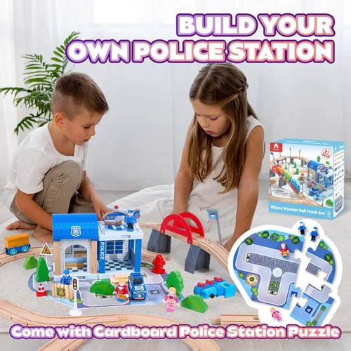 Miniatura 4 de Set de 102 piezas de tren de madera para niños pequeños, pista de tren de madera: ampliable y intercambiable, juguetes de tren educativos seguros