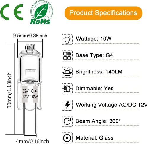 Miniatura 2 de Bombillas G4, paquete de 12 bombillas halógenas transparentes de 2 pines, calidad premium de 12 V 10 W, JC T3 Bi-pin G4, bombilla de cápsula